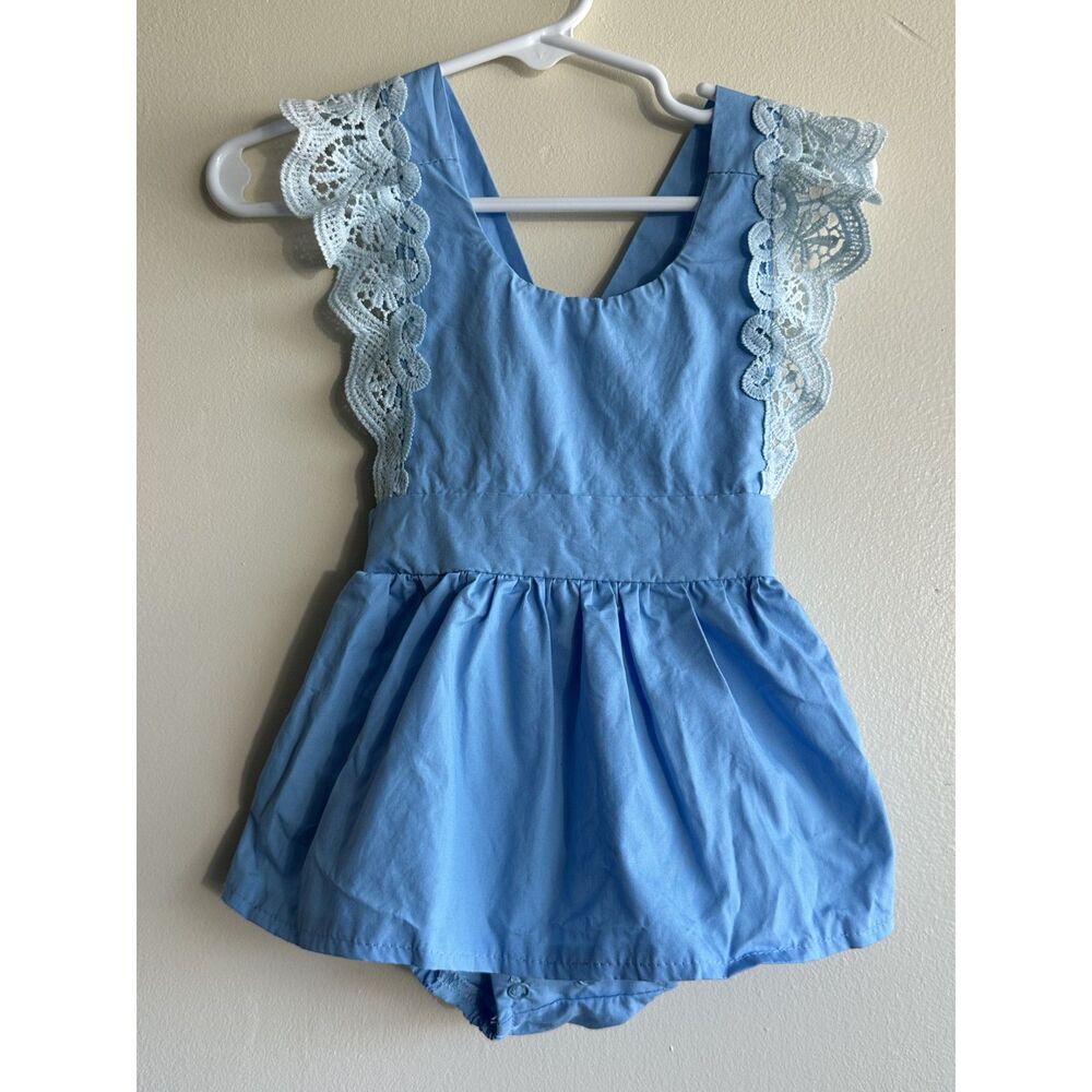 Shein Baby Blue Lace Flutter Sleeve Bubble Romper Dress Toddler Girls 3-6m